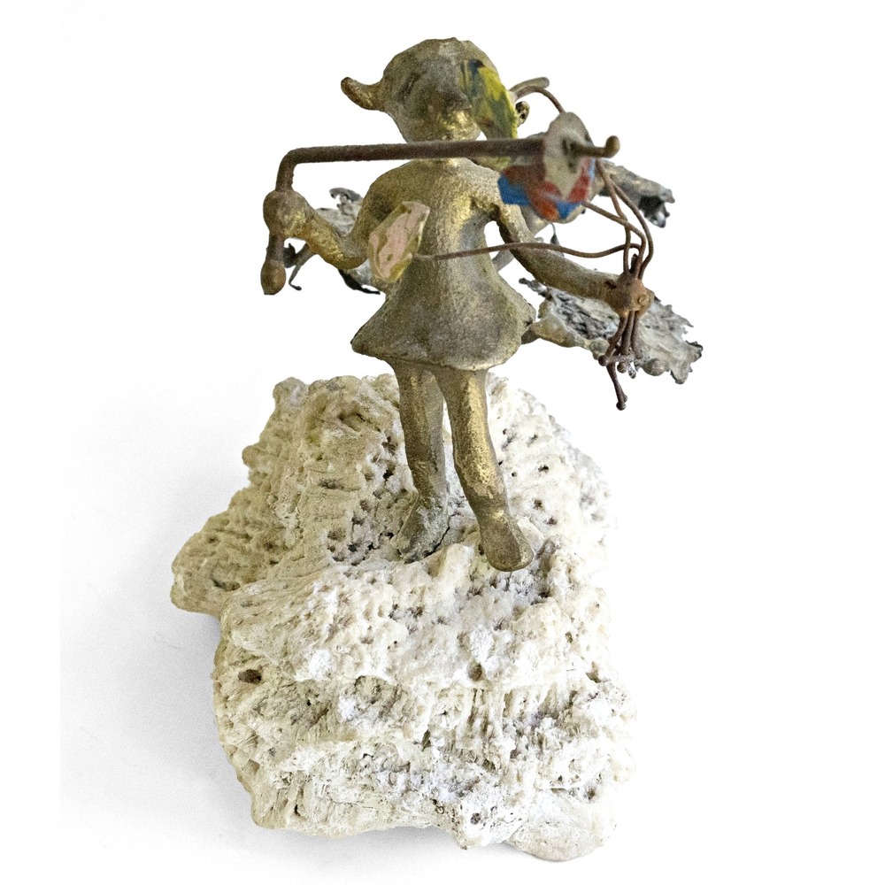 Vintage Brutalist Sculpture Little Girl With Flowers Bronze Stone Base - Picture 2 of 8